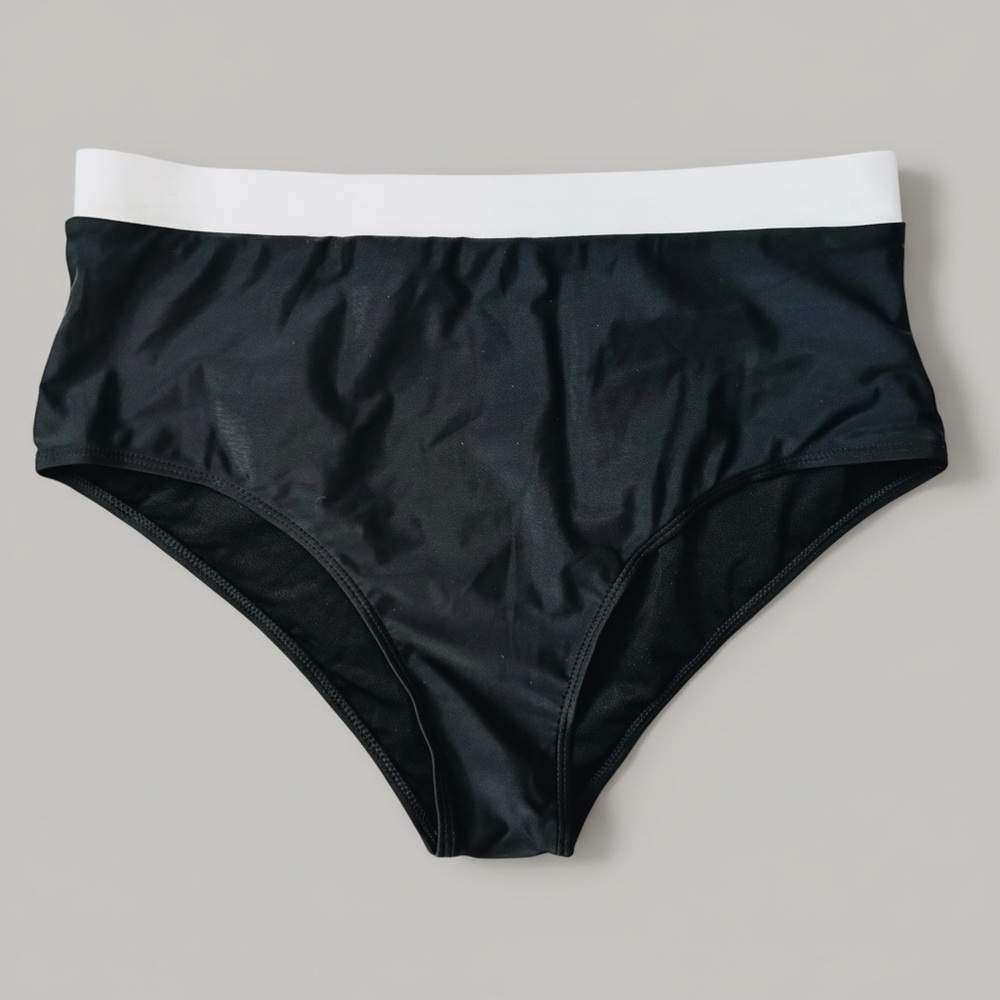 New NWT Black Bikini Bottom with White Waistband High Waisted XXL